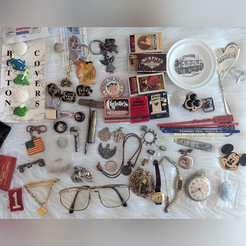 Junk Drawer Lot! Pocket Watch Tools Seiko Vintage Metal Box Brooches Grab Bag